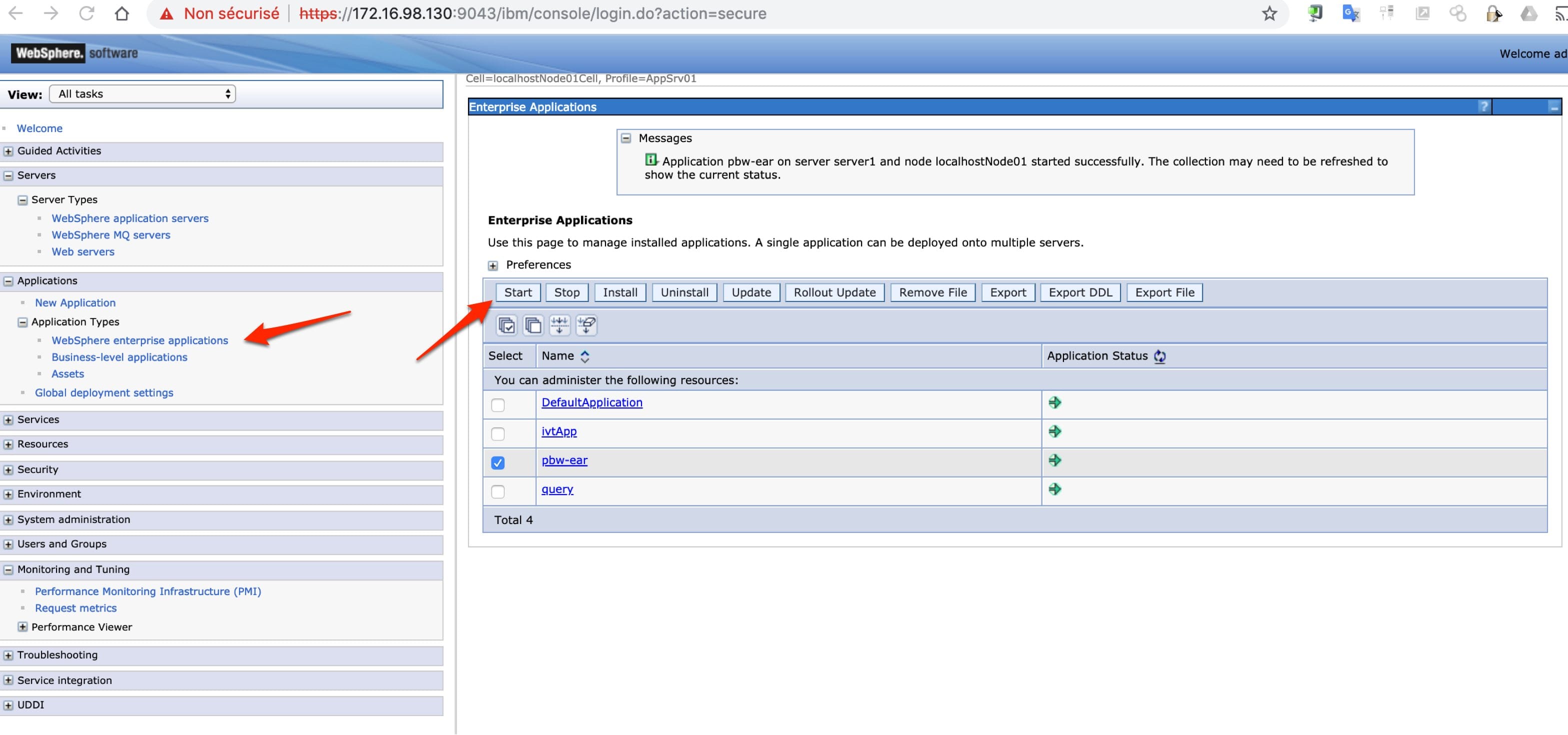 Démarrer l'application Plants by Websphere